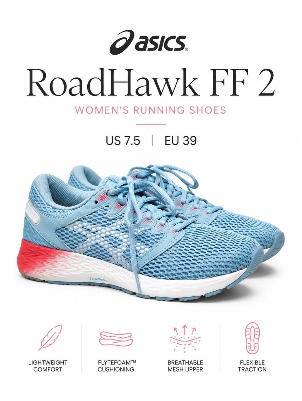 ASICS RoadHawk FF 2 Women's Running Shoes – Light Blue/Pink – Size 7.5